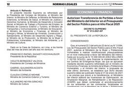 Decreto Supremo N° 013-2021-EF de autorización de transferencia al Mininter, para financiar la implementación de veintiún (21) Centros Emergencia Mujer durante el 2021