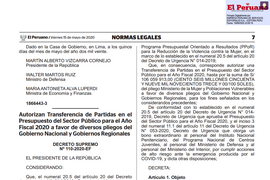 04 - Decreto Supremo 110-2020-EF Autorizan Transferencia de Partidas en el Presupuesto del Sector Publico para el Ano Fiscal 2020 a favor de diversos pliegos del GN y GR