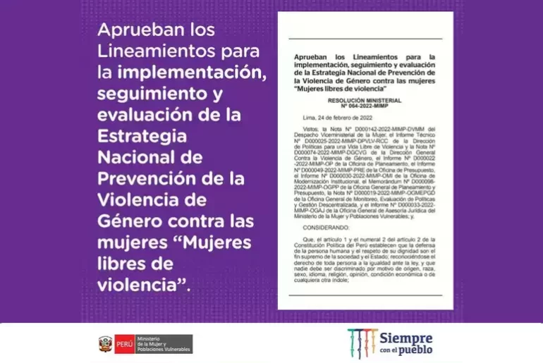 Aprueban los Lineamientos para la implementación, seguimiento y evaluación de la Estrategia Nacional de Prevención de la Violencia de Género contra las mujeres Mujeres libres de violencia
