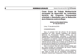 0 - RM 162-2019-EF10 Crean Grupo de Trabajo Multisectorial encargado de desarrollar los contenidos técnicos del Programa Presupuestal orientado a Resultados para la Reduccion de la Vio