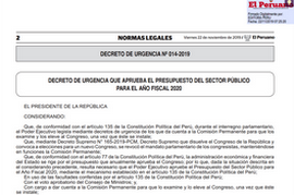 01 - Decreto de Urgencia 014-2019 Decreto de Urgencia que aprueba el Presupuesto del Sector Publico para el Ano Fiscal 2020_1
